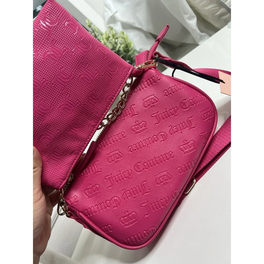 Juicy Couture Double Trouble Crossbody Bag Hot Pink Purse Gold Chain Pockets Zip